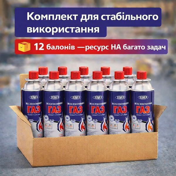 Газові балони DOMEX 220 г 12 штук цангові, газ балончик/газові картриджі пропан-бутан для туристичних плит, пальників, ламп trend45 фото
