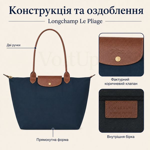Сумка-тоут Longchamp Le Pliage синя розмір L - велика жіноча сумка з коричневими ручками для міста роботи і подорожей nt871 фото