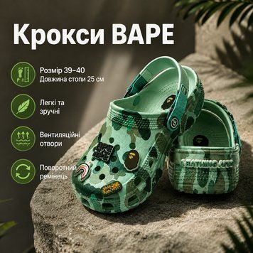 Крокси Crocs Bape зелені унісекс 39-40 на стопу 25 см гумові сабо з ремінцем, вентиляційними отворами, джибітсами, літні шльопанці ol618 фото